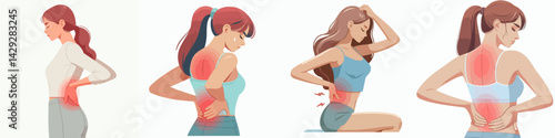 vector set of young woman with back pain