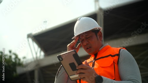 Stressed elderly engineer man in white safety helmet working at building site workplace while looking at tablet, supervisor architect man feeling doubt and confused unfinished project construction.
