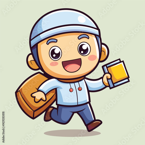 Cute cartoon character running with package and book
