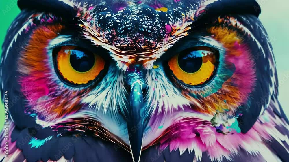 Vibrant closeup of an abstract owl portrait with colorful details showcasing its enigmatic eyes and feathers in a captivating artistic representation Vibrant closeup of an abstract owl portrait with colorful details showcasing its enigmatic eyes and feathers in a captivating artistic representation