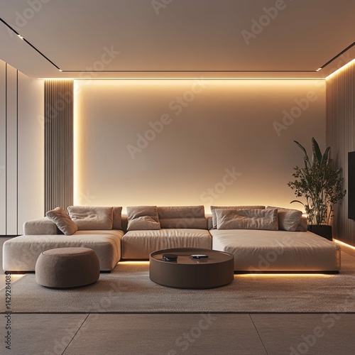 Modern interior design with creative lighting illusions, cozy living room with hidden LED strips
