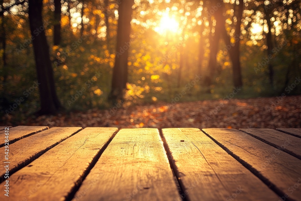 Autumnal wooden picnic table in a sun-drenched forest Autumnal wooden picnic table in a sun-drenched forest