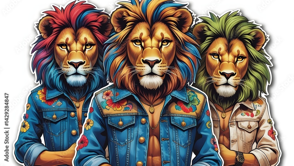 Three lions wearing jackets with colorful manes illustration animal fashion design art print trendy style Three lions wearing jackets with colorful manes illustration animal fashion design art print trendy style
