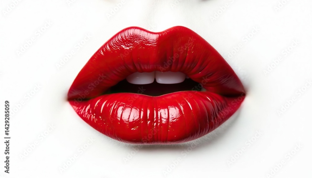Intense crimson lips against stark white backdrop , macro, matte, texture Intense crimson lips against stark white backdrop , macro, matte, texture