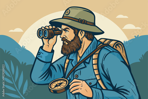 A rugged, bearded hunter, clad in camouflage, uses binoculars and a compass in a dense Han Dynasty-inspired forest.  He exudes determination and experience.