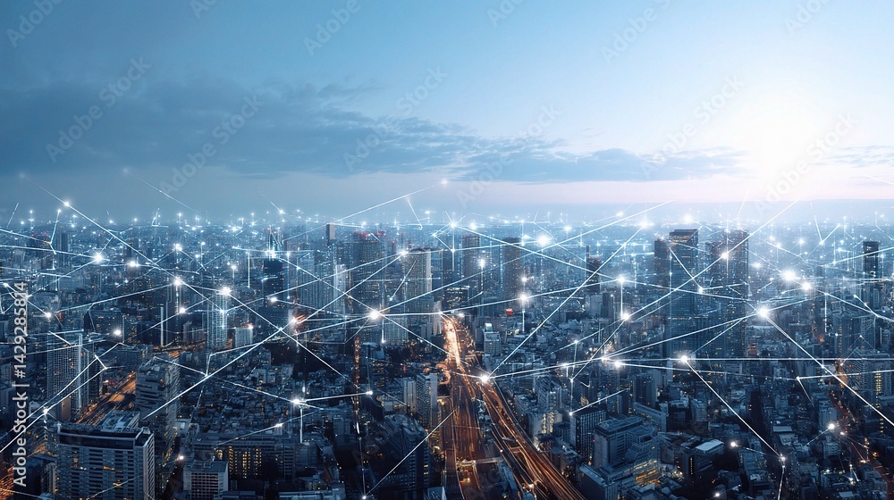 Naklejka premium Dual Exposure of IoT Devices in a Digital City Grid Concept