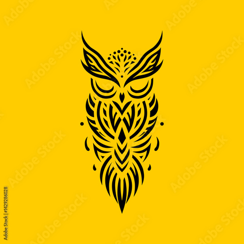 An ethnic style tribal owl tattoo design, adorned with tribal motifs with sharp curves and angles that dramatically form the silhouette of the eyes and wings.
