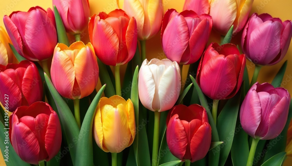 Fototapeta premium Bold, stylized tulips arranged in a diamond lattice , repeating, colorful, minimal