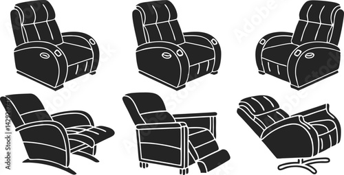 black and white illustration of a modern recliner chair.