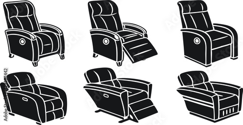 black and white illustration of a modern recliner chair.