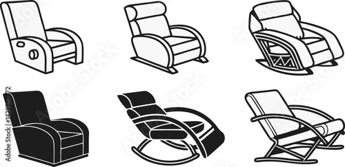 black and white illustration of a modern recliner chair.