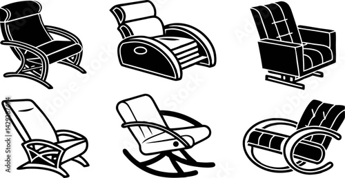 black and white illustration of a modern recliner chair.