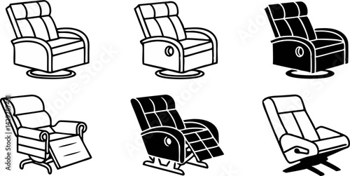 black and white illustration of a modern recliner chair.