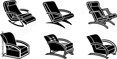 black and white illustration of a modern recliner chair.