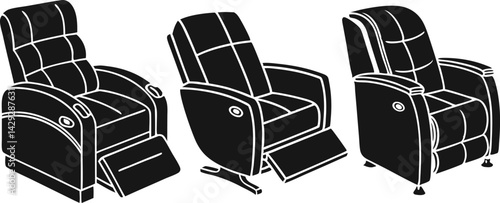 black and white illustration of a modern recliner chair.