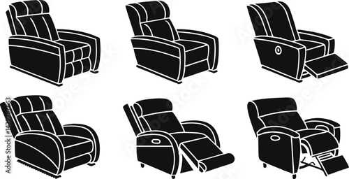 black and white illustration of a modern recliner chair.