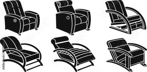 black and white illustration of a modern recliner chair.