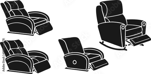black and white illustration of a modern recliner chair.