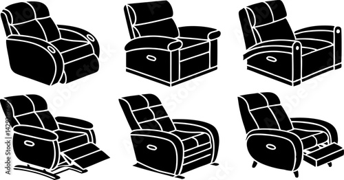 black and white illustration of a modern recliner chair.