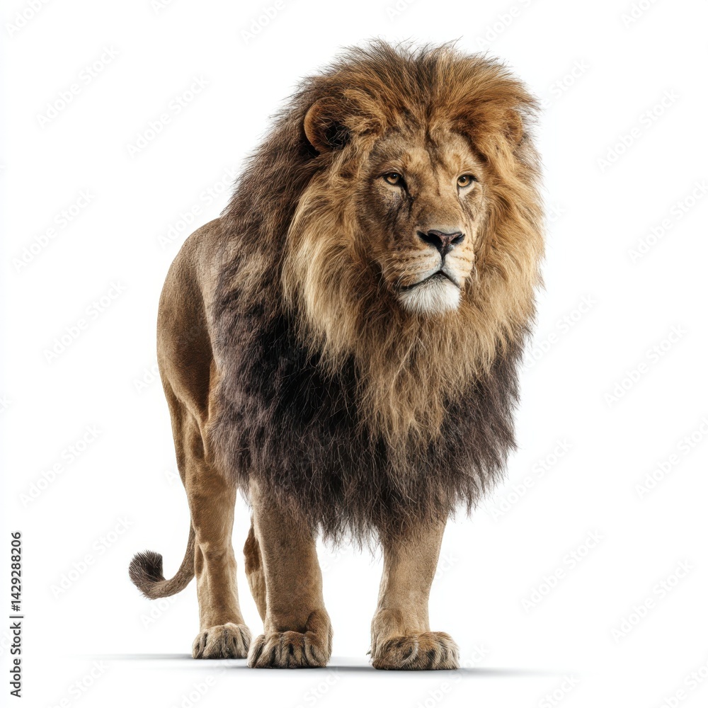 Majestic male lion standing and looking forward isolated on white background
Majestic male lion standing and looking forward isolated on white background