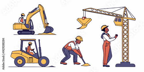 Construction site. bulldozer, lifter crane vehicle, road roller. Vector illustration in flat tyle.