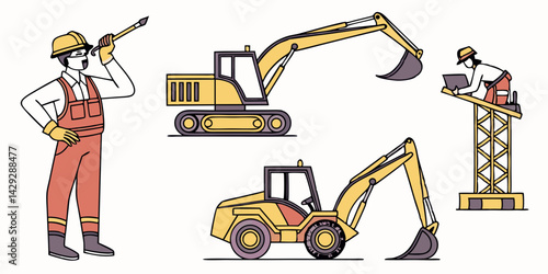 Construction site. bulldozer, lifter crane vehicle, road roller. Vector illustration in flat tyle.