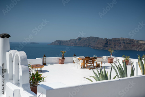 The view in Oia village, Santorini island, Greece. White buildings