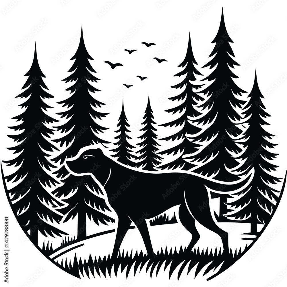 Silhouette Hunting Dog Tracking in Forest Vector Scene with Mist and Pines, Tracking Dog Scene, Forest Hunt Vector, Misty Dog Silhouette
Silhouette Hunting Dog Tracking in Forest Vector Scene with Mist and Pines, Tracking Dog Scene, Forest Hunt Vector, Misty Dog Silhouette