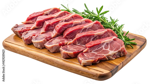 Raw Pork Chops on Wooden Cutting Board with Rosemary Sprigs, Ready to Cook