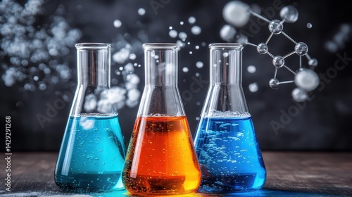 Colorful liquids in laboratory beakers, a visual representation of scientific experimentation