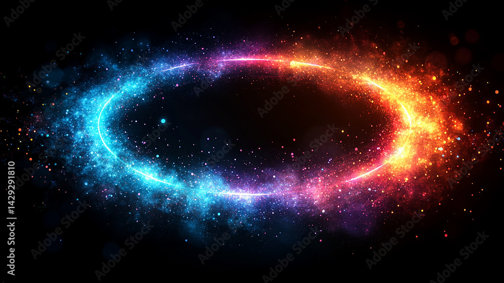 Fototapeta premium Glowing Oval with Blue and Orange Particles on Black Background