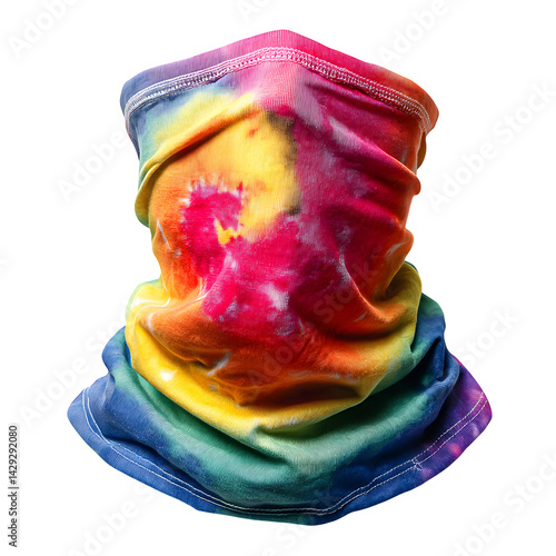 wide angle image of a sun-protective neck gaiter with tie-dye design, isolated on white background, no shadows