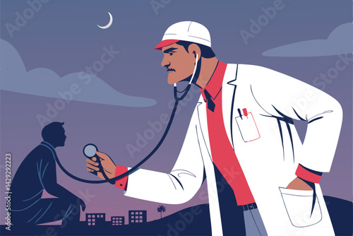 A friendly doctor uses an oversized stethoscope to auscultate a patient's heart, emphasizing the importance of cardiovascular health.