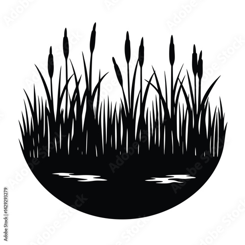 Black silhouette of cattails in marsh with water reflections illustration
