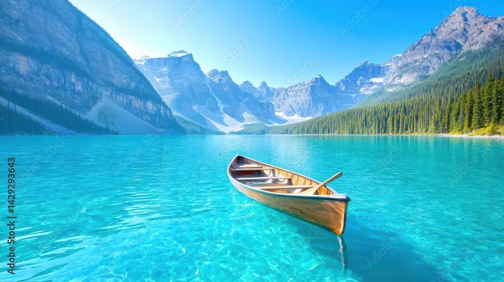 Solitary boat floating on serene lake, breathtaking view of tranquility scenic Solitary boat floating on serene lake, breathtaking view of tranquility scenic