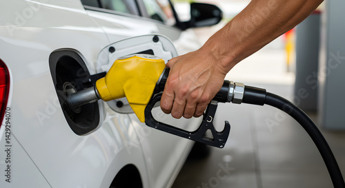 Man's Hand Refueling White Car at Gas Station With Yellow Nozzle for Transportation