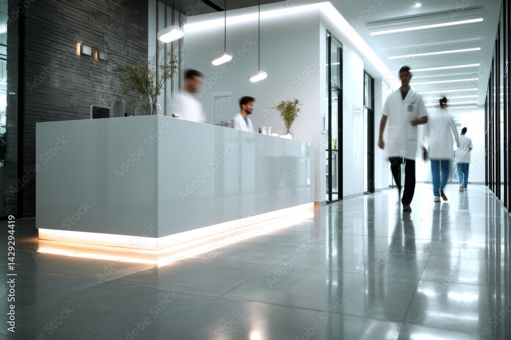 Minimalist reception desk with decor in modern medical clinic hallway Minimalist reception desk with decor in modern medical clinic hallway