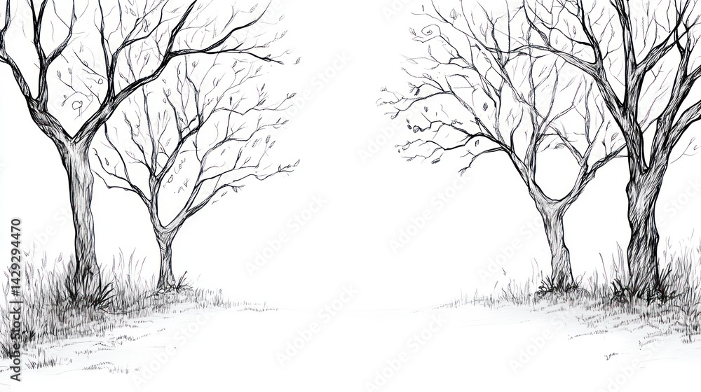 Fototapeta premium Winter trees landscape drawing, white background, nature illustration, card design
