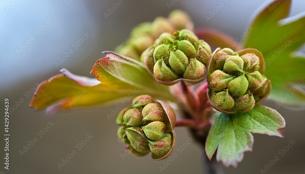 Fototapeta premium rusty blackhaw viburnum buds showing green growth during spring season on plant in texas nature