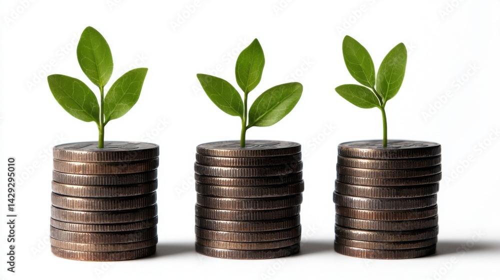 Three stacks of coins with a plant growing out of them Three stacks of coins with a plant growing out of them