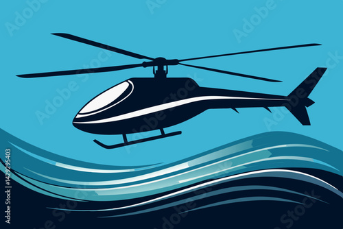 illustration of a helicopter soaring above crashing waves, dynamic design of a single rotor aircraft on a blue background