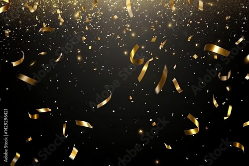 Golden confetti explosion on black background.  A festive celebration backdrop with shimmering gold confetti and glittering particles