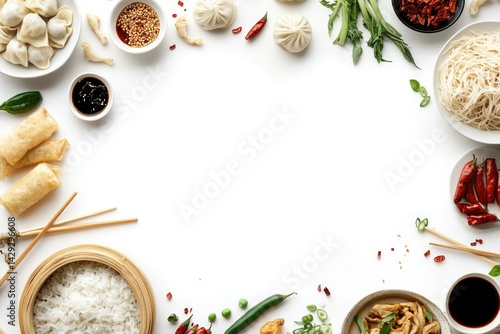Wallpaper Mural A vibrant array of Chinese cuisine, featuring dumplings, noodles, spring rolls, and various sauces, arranged artistically on a white background. Torontodigital.ca