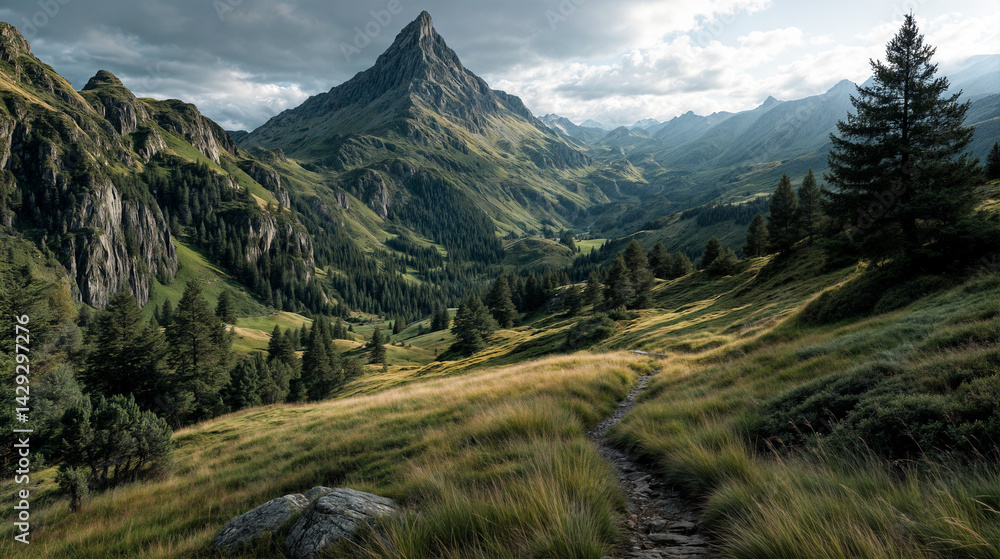 The image depicts a serene alpine landscape with a prominent, sharp-peak mountain in the background