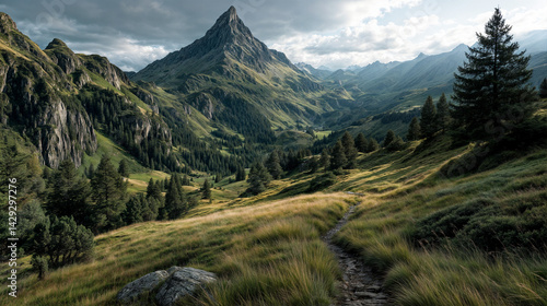 Obraz na płótnie The image depicts a serene alpine landscape with a prominent, sharp-peak mountain in the background w salonie