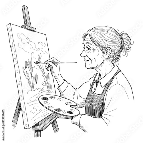 Senior woman painting canvas, enjoying art, in a bright studio  