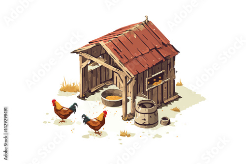 Chicken Coop with Hens and Feed isometric isolated