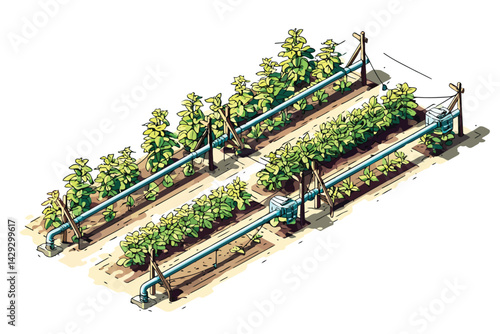 Crop Rows with Irrigation System isometric isolated