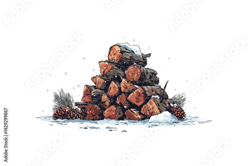 Firewood Bundle with Snow and Pinecones isolated