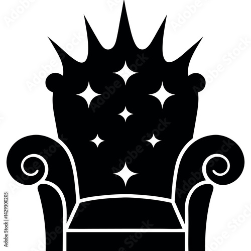 A luxurious throne chair with a sparkling design, featuring a tufted back and star like accents, symbolizing royalty and elegance